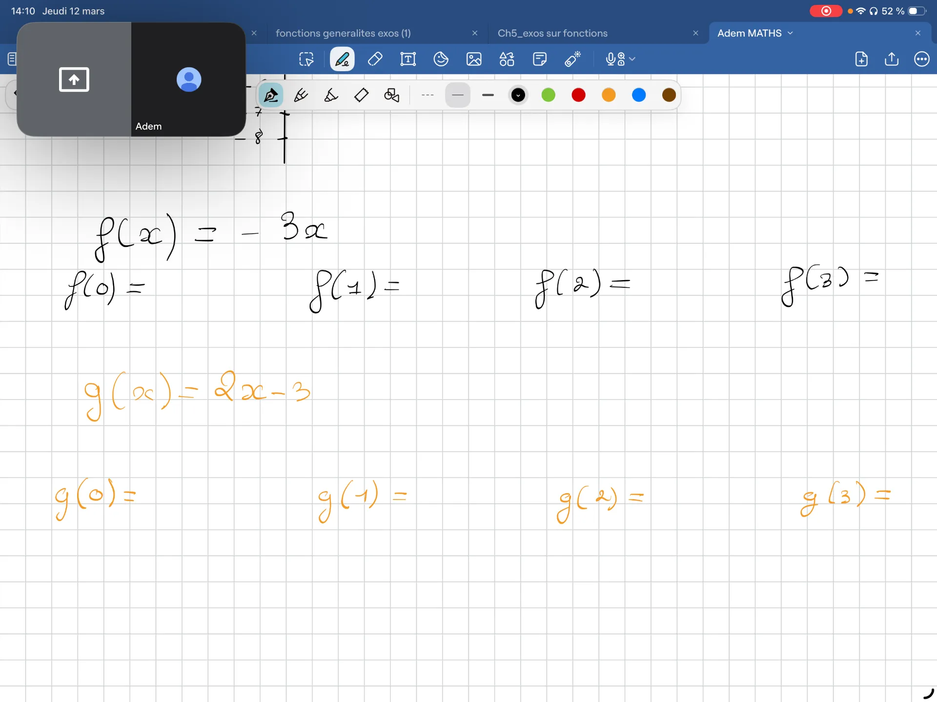Exercices de fonctions en direct sur tableau blanc