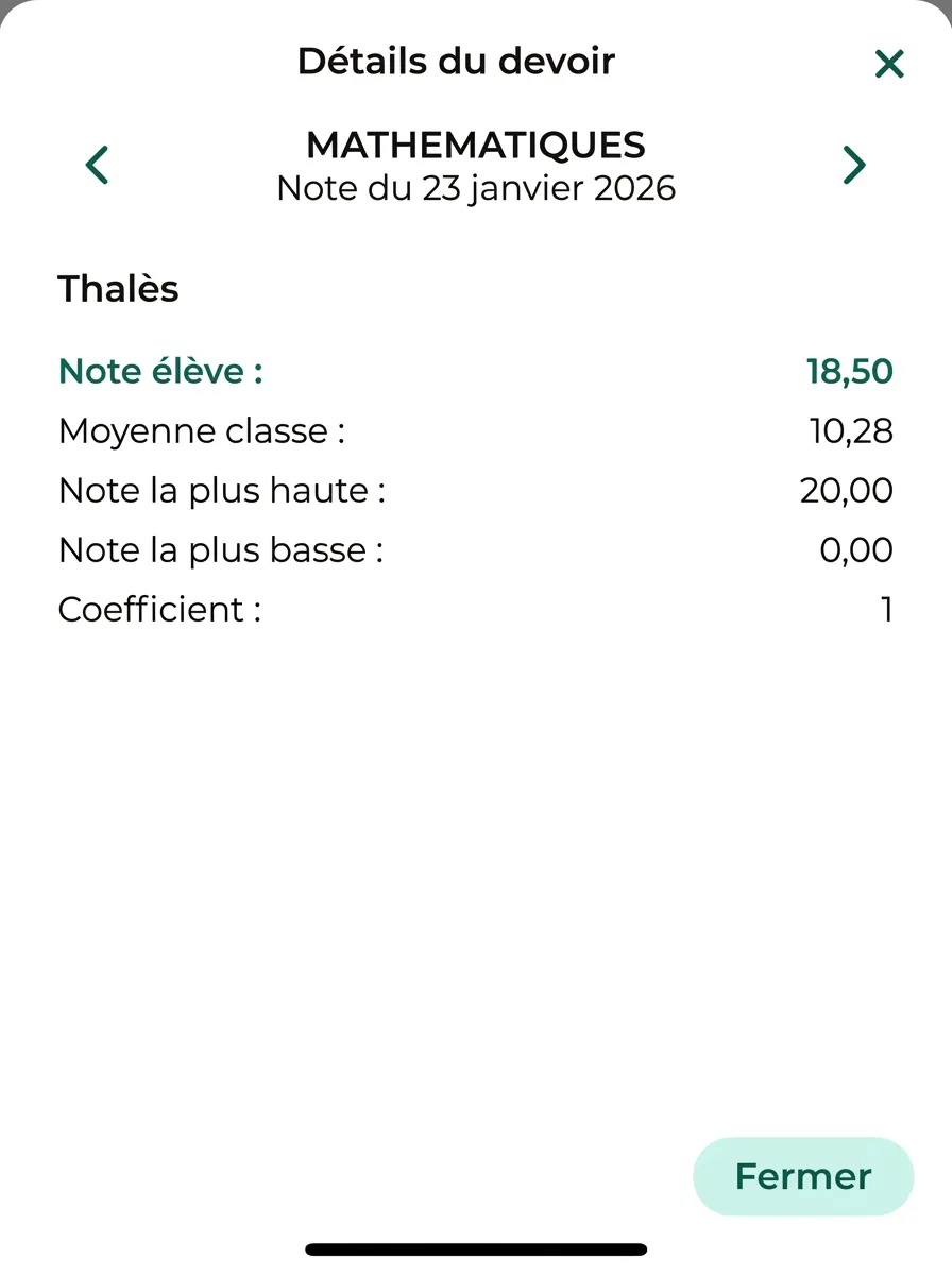 18,50/20 — Contrôle Thalès (moyenne classe : 10,28)