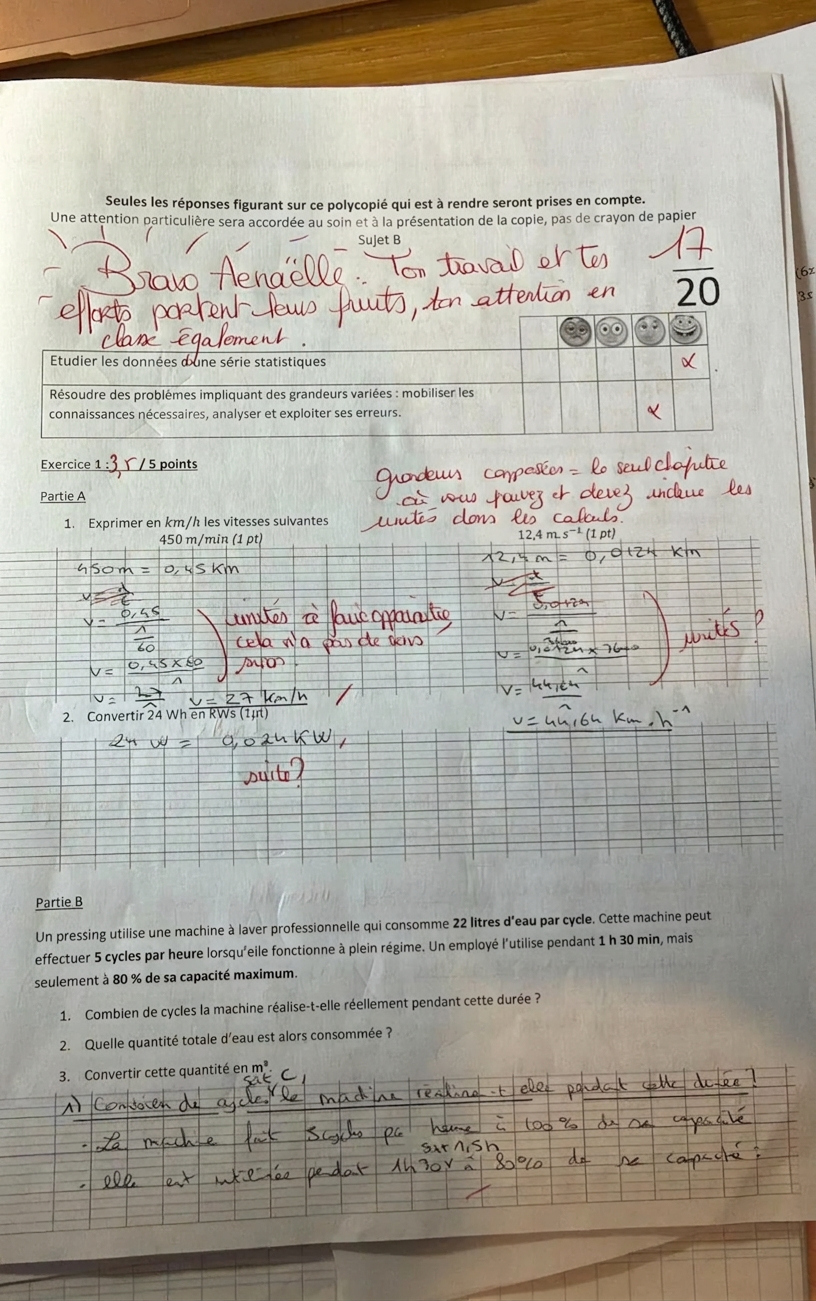 17/20 — Contrôle de 3ème, grandeurs composées