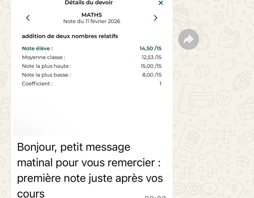 Message de parent satisfait des résultats